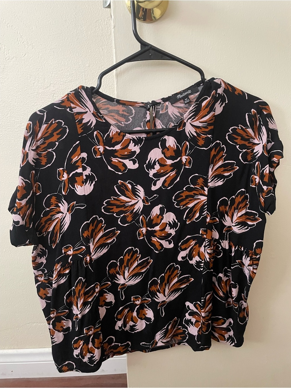 Madewell Black Floral Short-Sleeve Top with Pink and Brown Blooms